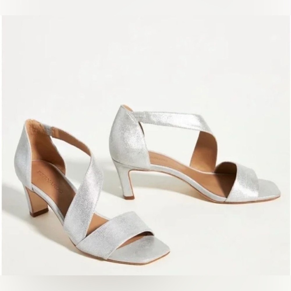 New Bernardo | Anthropologie Camille Silver Leather Heels Size 8.5